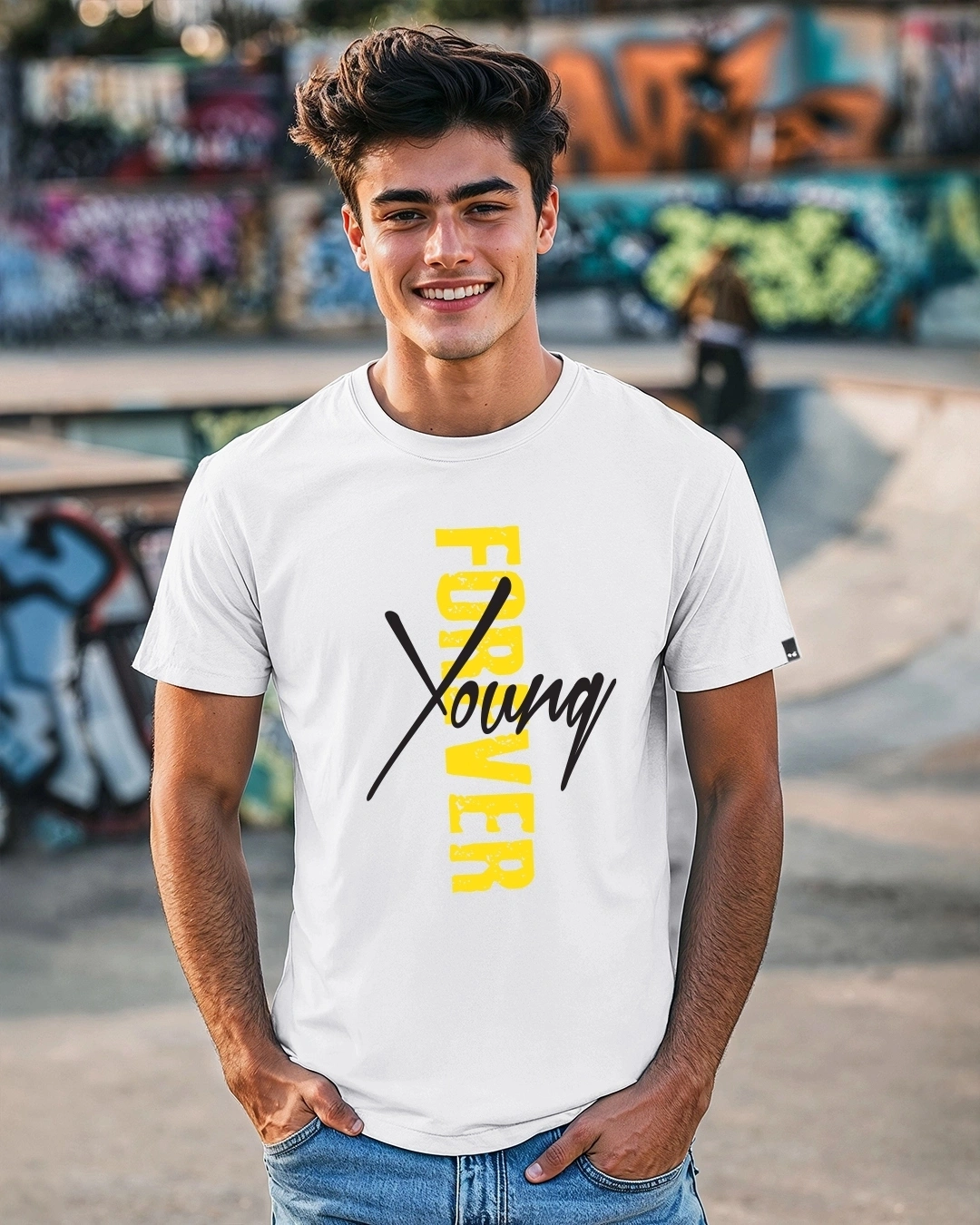 Men's White Young Forever Typography T-shirt