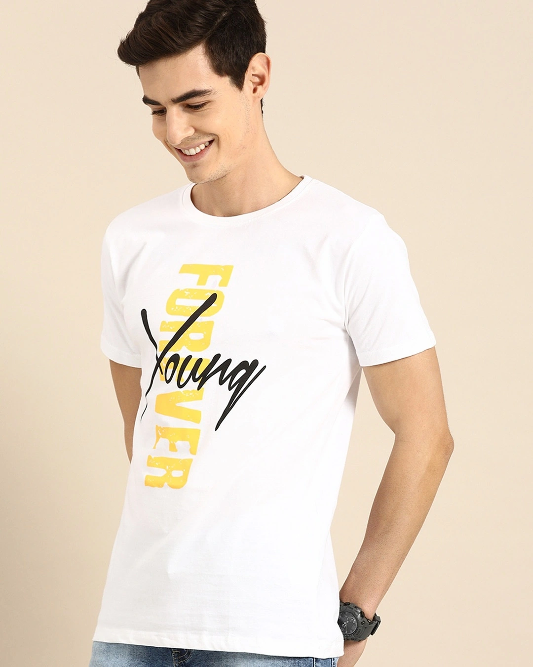 Men's White Young Forever Typography T-shirt - Image 2