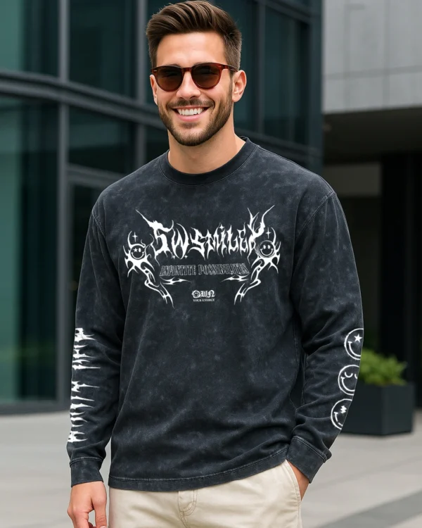 S.W.Smiley Men's Black Chaos Graphic Printed Oversized Acid Wash T-Shirt